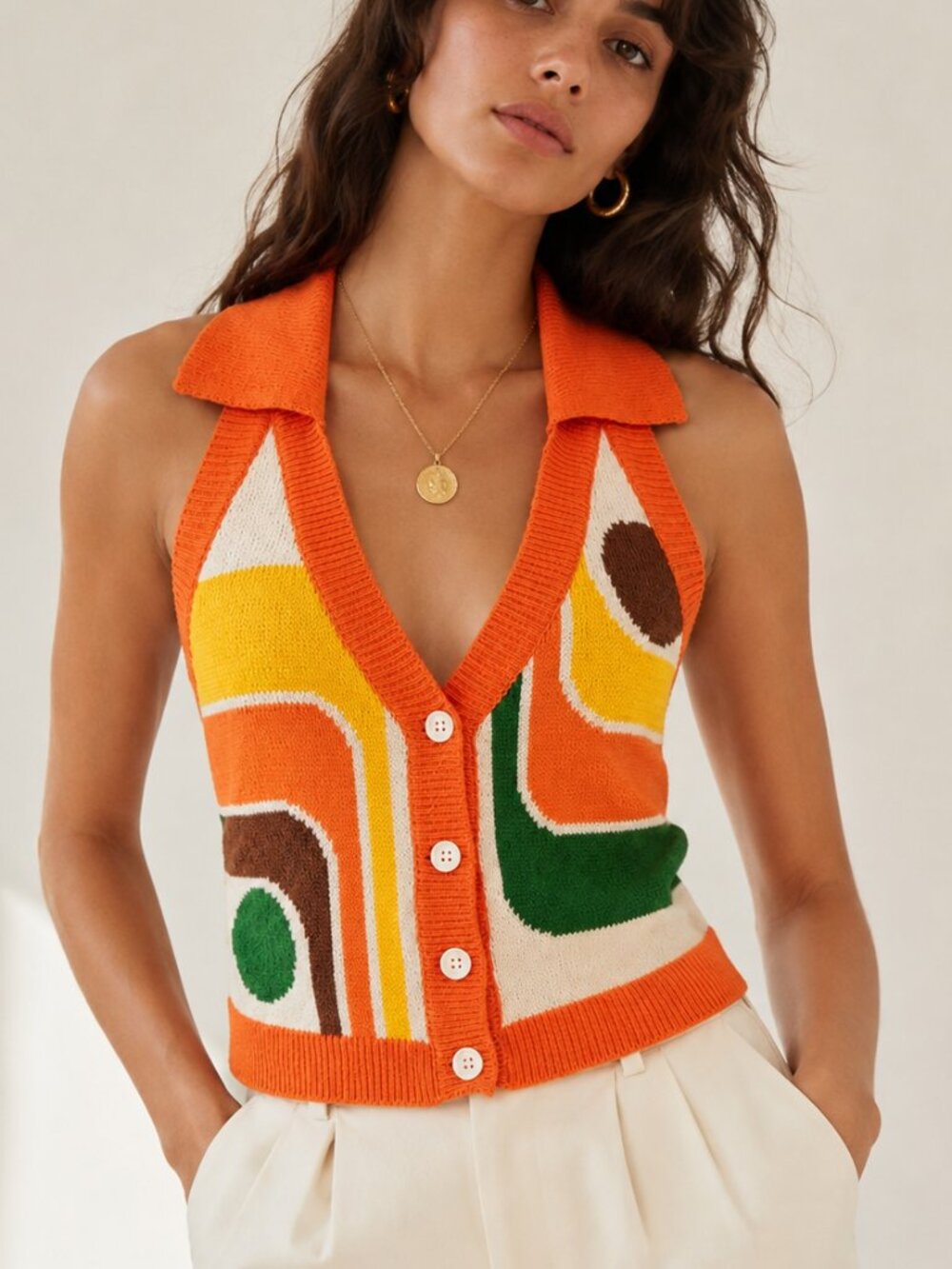 OXKnit NEW Retro 70s Geometric Abstract Halter Sweater Vest SZ Small Boho Mod